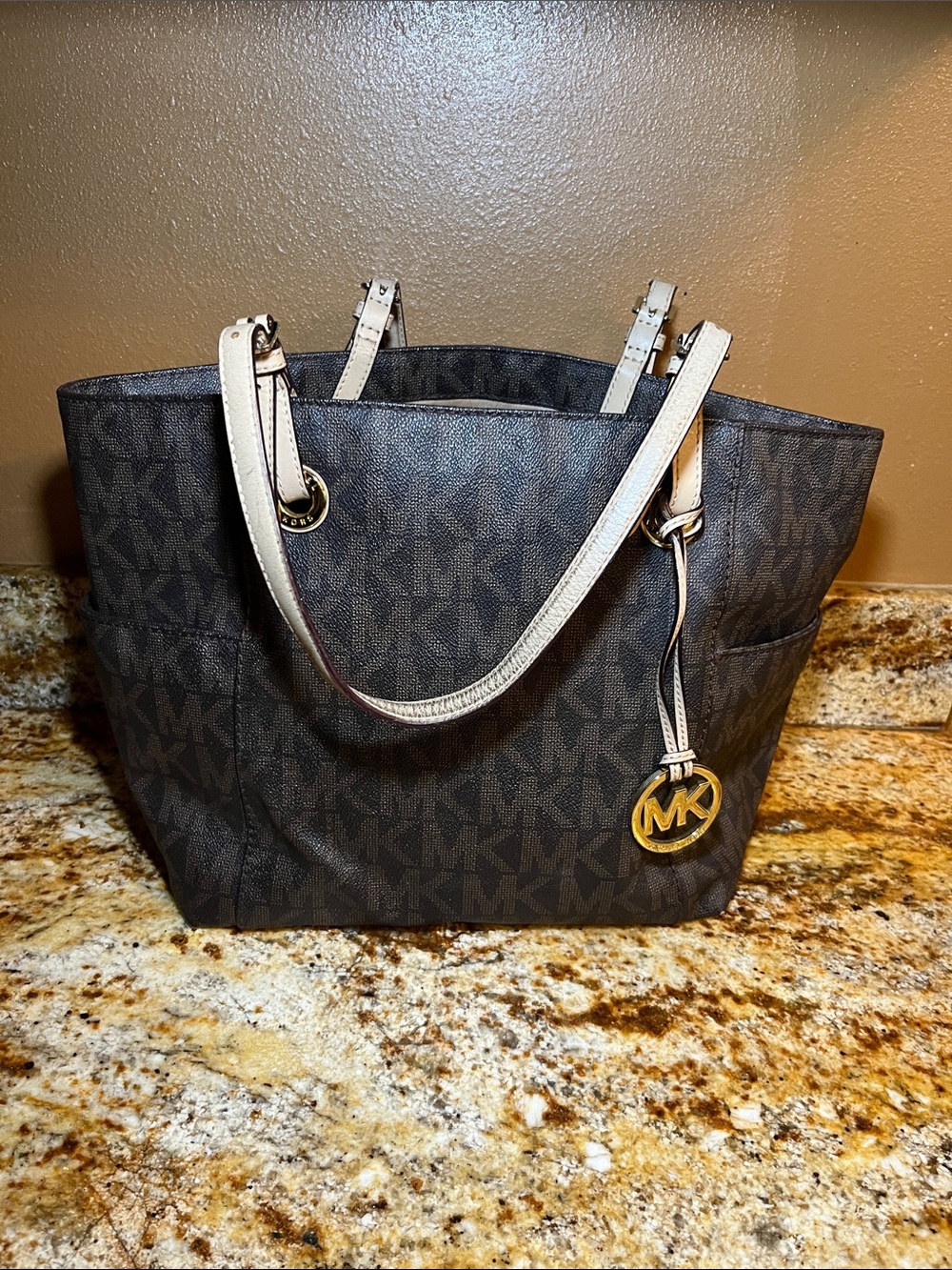 Michael Kors Brown Logo Tote with Cream Handles